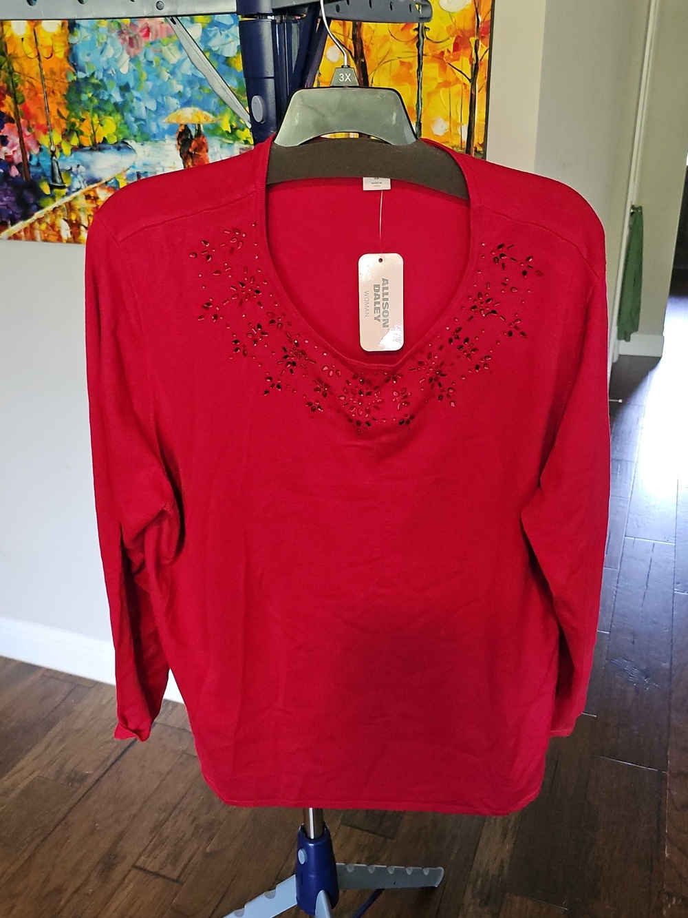 Allison Daley Red Long-Sleeve Scoop Neck Sweater with Black Bead Accents